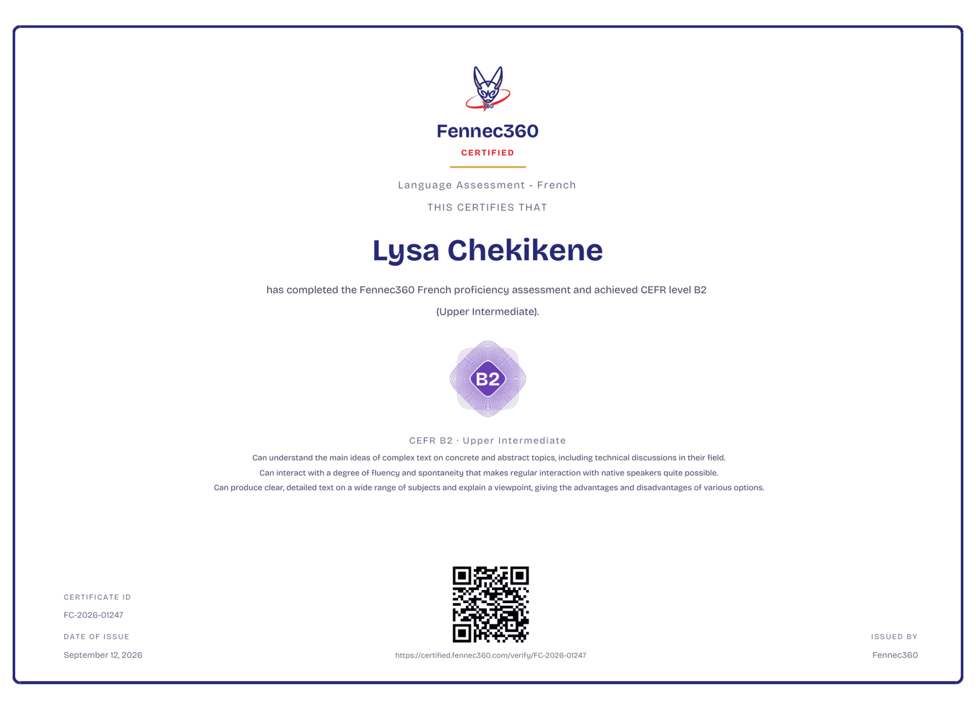 A real Fennec360 certificate: Lysa Chekikene, French, CEFR level B2, with a certificate ID, QR code, and public verification link