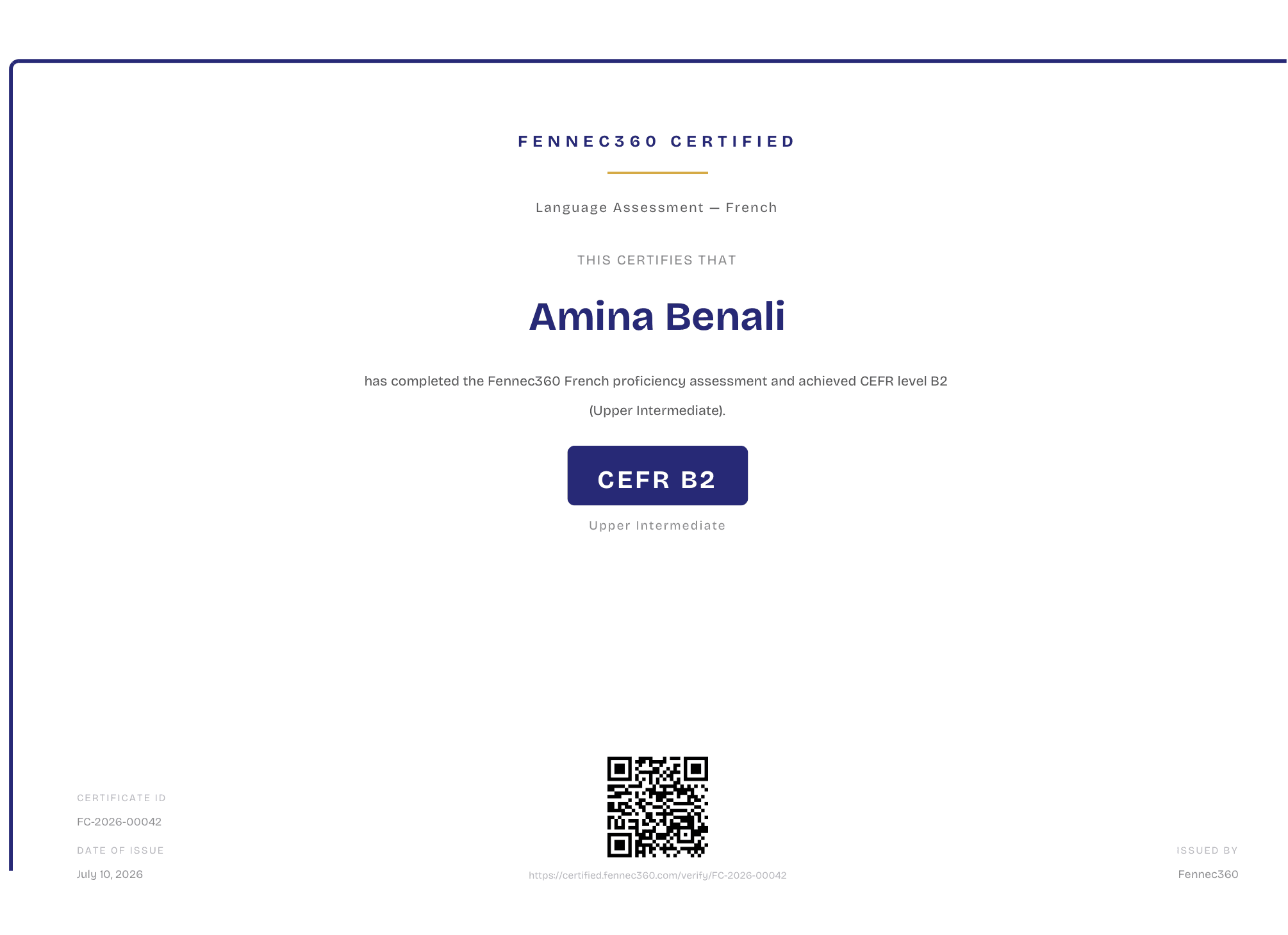 A real Fennec360 certificate: Amina Benali, French, CEFR level B2, with a certificate ID, QR code, and public verification link